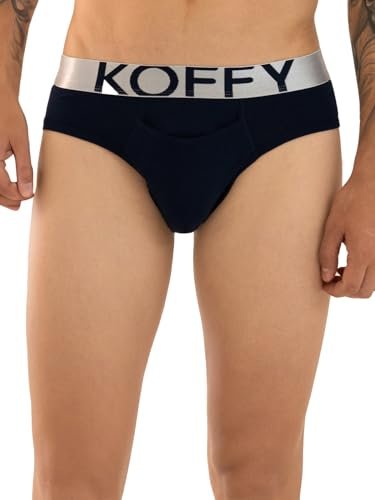 KOFFY Men’s Blue Depths Premium Cotton Lycra Brief with Minus Cutting Pouch| Silver Metallic Elastic| 4 Way Stretch| Wrinkle Free| Pack of 1 (Size: XX-Large)