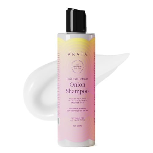 Arata Hair Fall Defense Onion Shampoo (200 ML) | Controls Hair Fall | Helps Strengthen & Smoothen Hair | With Onion Oil, Rice Water, Apple Cider Vinegar and Aloe Vera