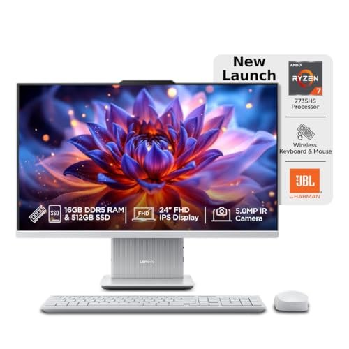 Lenovo IdeaCentre AIO Ryzen 7 7735HS 23.8″ FHD IPS All-in-One Desktop (16GB RAM/512GB SSD/Win11/Microsoft 365 Basic + Office Home 2024/3Wx2 Speakers/5MP Camera/Wireless Keyboard & Mouse), F0HR008YIN