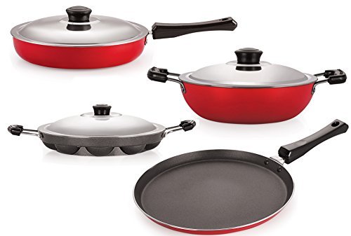 Nirlon Non-Stick Aluminium Flat Base Essential Combo Gift Set Offer with Stainless Steel Lid, Multipurpose Cookware