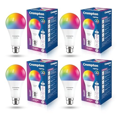 Crompton Immensa 9W Bluetooth Enabled Smart Bulb B22 | 16 million Colours | White Tunable (Warm, Neutral & Cool White) & Dimmable | App-Control |Music Sync|Perfect light for all occasions|Pack of 4