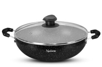 Lifelong Non-Stick Aluminium 2 litre Kadhai with Glass Lid, 24cm, Black/Grey (Induction and Gas Compatible)