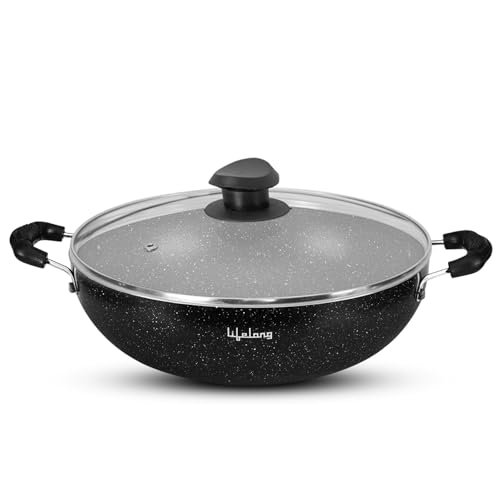 Lifelong Non-Stick Aluminium 2 litre Kadhai with Glass Lid, 24cm, Black/Grey (Induction and Gas Compatible)