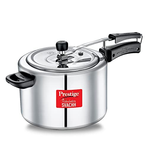Prestige Nakshatra Svachh Aluminium Inner Lid Pressure Cooker with Unique Deep Lid for Spillage Control, 6.5 Litre, Silver