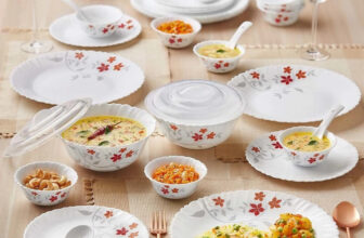 Larah by Borosil Pack of 34 Opalware Galaxy Rosalie Crockey Set for Dining & Gifting, Plate & Bowl Dinner Set(Orange, Red, Grey, Microwave Safe)