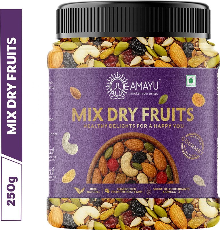AMAYU Premium Mix Dry Fruits | Healthy Nutmix | Panchmeva | 100% Natural Assorted Fruits & Nuts, Assorted Seeds & Nuts, Almonds, Cashews, Raisins(1 x 250 g)