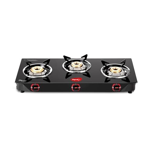 Pigeon by Stovekraft Aster 3 Burner Gas Stove with High Powered Brass Burner Gas Cooktop, Cooktop with Glass Top and Powder Coated Body, Black, Manual Ignition, Standard (14267)