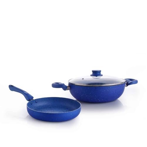 Crystal 225mm Kadai + 225mm Fry Pan with Glass Lid | 2Pcs Set| Blue