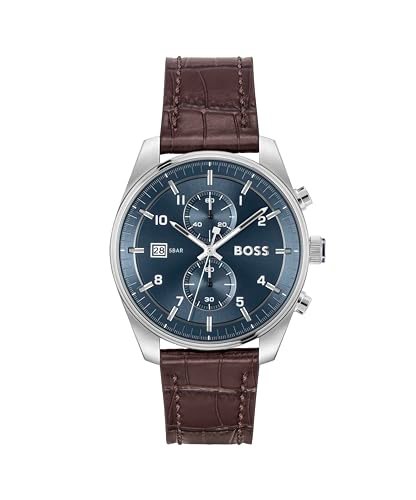 Boss Skytraveller Qtz Fashion Chrono Blue Round Dial Men’s Watch|Brown Croc Leather Material|Brown Color Band – 1514194