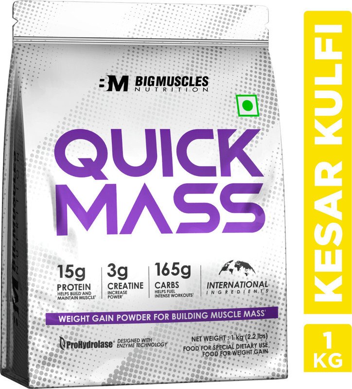 BIGMUSCLES NUTRITION Quick Mass Gainer | With Creatine Monohydrate & Prohydrolase Tech | High Protein Weight Gainers/Mass Gainers(1 kg, Kesar Kulfi)