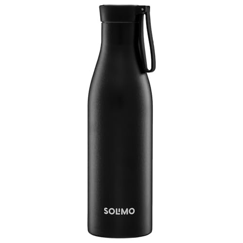Amazon Brand – Solimo 850ml Stainless Steel Vacuum Insulated Bottle with Carry-on Strap | Double-Wall Insulation, Leak-Proof, 24 Hours Hot and Cold | for Work, Home, Commute and Travel | Black