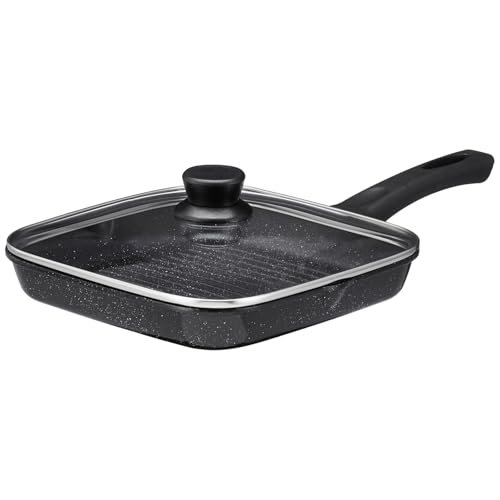 Amazon Brand – Solimo Non-Stick Grill Pan with Glass Lid | 1.8L / 24cm | Cast Aluminium Body | Induction & Gas Compatible | PFOA-Free Non-Stick Coating