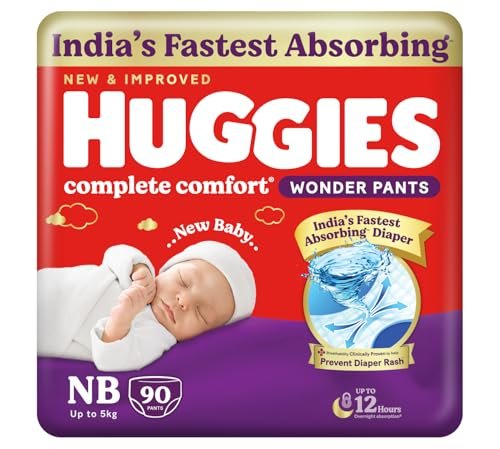 Huggies Complete Comfort Wonder Pants | Pant Style Baby Diapers Newborn Size, 90 Count | India’s Fastest Absorbing Diaper, Prevents Diaper Rash, Ideal for 0-5 Kgs