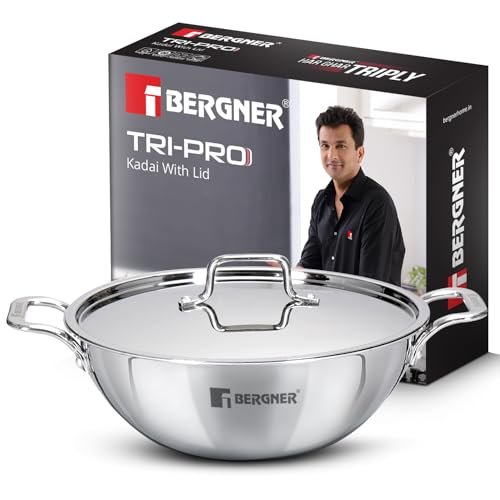 Bergner TriPro Tri-Ply Stainless Steel 24cm (3.1 L) Kadai with Stainless Steel Lid, Triply Kadhai with Heavy Bottom, Non-Toxic, Healthy, Less Oil Cooking, Easy to Clean – Induction and Gas Stove Ready