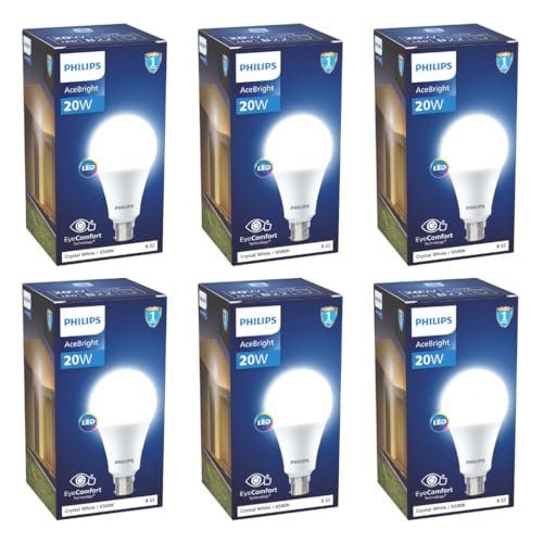 Philips 20-watt LED Bulb |AceBright High Wattage LED Bulb|Base: B22, Light Bulb for Home | Crystal White, Pack of 6