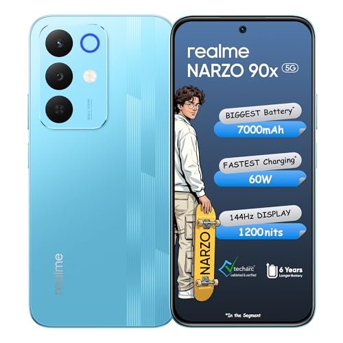 realme NARZO 90x 5G (Flash Blue,6GB+128GB) | 7000mAh + 60W Biggest Battery & Fastest Charging in The Segment* | 144Hz Bright Display | Sony 50MP AI Rear Camera | AI Assist | 400% Ultra Boom Speaker