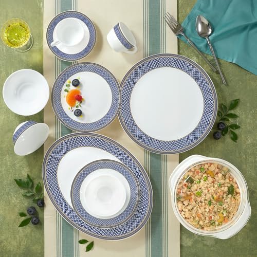 Larah by Borosil Opalware Dinner Set | 61 Pcs for Family of 8 | Microwave & Dishwasher Safe | Bone-Ash Free | Crockery Set for Dining & Gifting | Plates & Bowls (Emerald Weave)