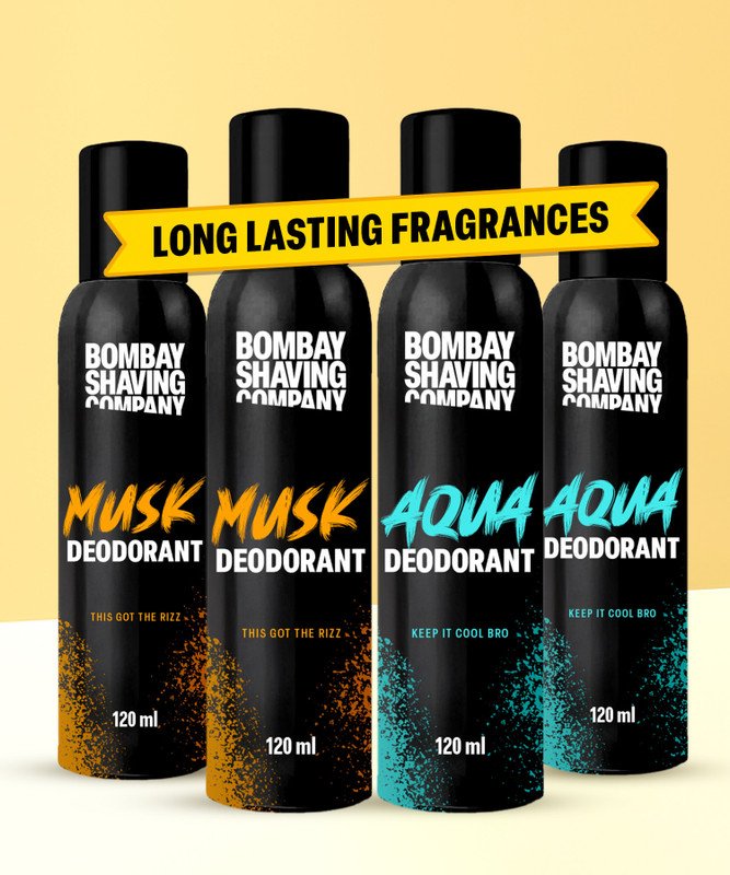 BOMBAY SHAVING COMPANY Fresh Aqua & Intense Musk 120mlx4 Combo Deodorant Luxury Long Lasting Fragrance Deodorant Spray  –  For Men & Women(480 ml, Pack of 4)