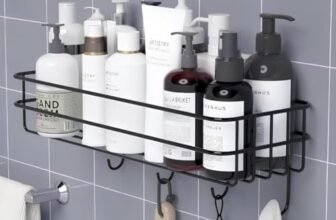 RERANT Self-Adhesive Bathroom Shelf with Hooks – Space-Saving Wall Mounted Shelf for Bathroom Essentials – Durable, No-Drill Required – Sleek Design. (Pack of 1)