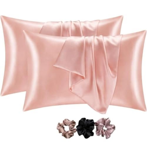 RORIAN Solid Satin Silk Pillow Covers Pack of 2 for Hair and Skin-with Satin Scrunchies |Satin Pillow Cover for Hair B and Skin|scrunchies for Women 3-Piece|Silk Pillow case (L)