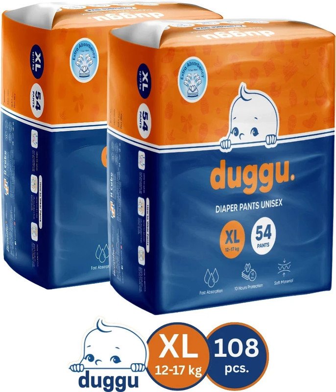 Duggu Soft Baby Diaper Pants | 12-17 kg | Up to 10 Hours Absorption | Pack of 2 – XL(108 Pieces)
