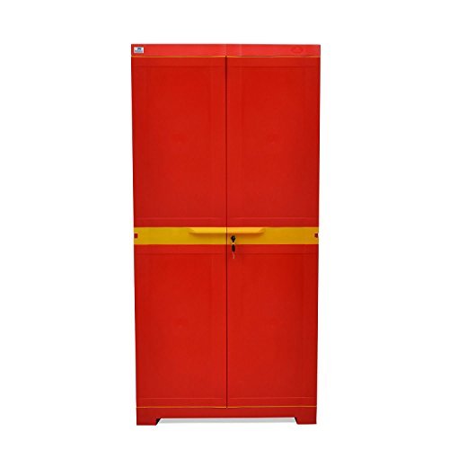 Nilkamal Freedom Big FMM Plastic Cabinet | 3-Year Warranty | 4-Shelf Storage Cupboard with Doors | Multi Organizer | for Home, Wardrobe, and Kitchen | Clothes Rack | Red & Yellow