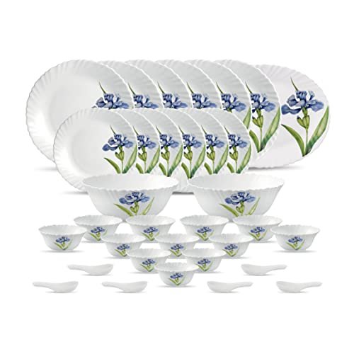 La Opala Diva Classique Collection Opal Glass Crockery | for Family of 8 | Dinner Set 61 pcs Morning Glory | Plates & Bowls for Dining | Microwave Safe | 100% Vegetarian | Extra Strong | White