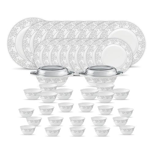La Opala Diva Classique Collection Opal Glass Crockery | for Family of 6 | Dinner Set 33 pcs Royal Iris | Plates & Bowls for Dining | Microwave Safe | 100% Vegetarian | Extra Strong | White