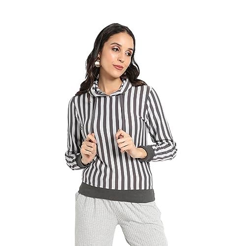 Campus Sutra Women’s Dark Grey Candy Striped Hoodie with Ribbed Hem for Casual Wear | Hood Neck | Long Sleeve | Drawstring Closure | Sweatshirt Crafted with Comfort Fit for Everyday Wear (Size – L)