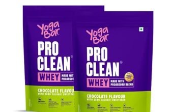 Yogabar Pro Clean Whey Protein Concentrate | Chocolate Flavour with Zero Calorie Sweetener | 25g Protein per Serving | ProAbsorb Blend | 907g Pack of 2