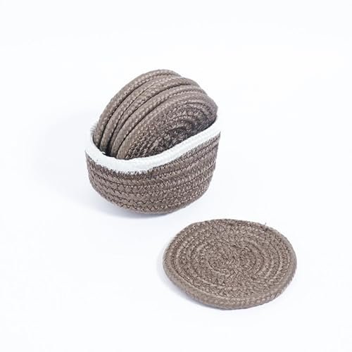 AURKA Handmade Cotton Coaster Set of 6 with Holder (Beige, 10 cm)|Round Braided Drink Mats for Hot & Cold Beverages|Eco-Friendly Absorbent Table Protectors|Decorative Tea, Coffee & Dining Coasters