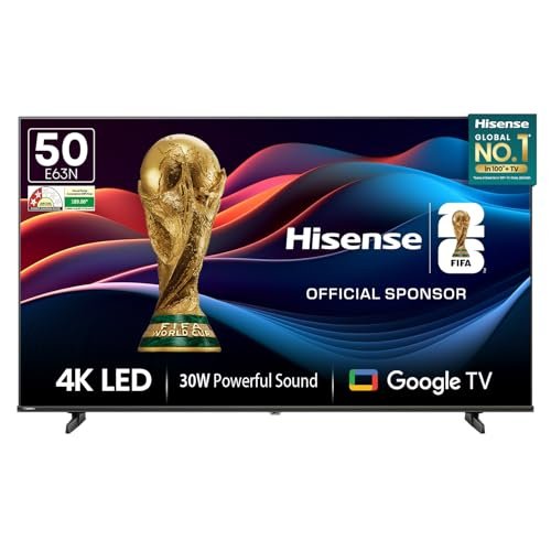 Hisense 126 cm (50 Inches) 4K Ultra HD Smart LED Google TV | Dolby Atmos, HDR10, Super Bright Panel | 30W Powerful Speaker | Google Assistant & Voice Control | 50E63N (Black)