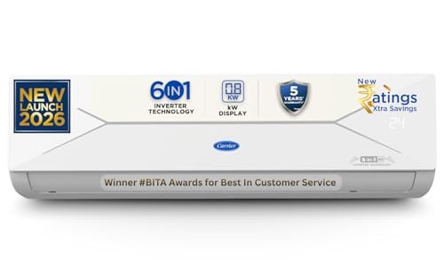 Carrier 1.5 Ton 3 Star Flexicool Inverter Split AC (Copper, Convertible 6-in-1 with Smart Energy Display, Insta Cool, Auto Clean, PM 2.5 Filter, New BEE rated, ESTER EDGE Gxi-CAI18EE3R36F0, White)