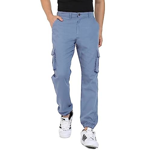 Campus Sutra Men’s Blue Cuffed Hem Cargo Trousers for Casual Wear | 6 Pockets | Regular Fit | Button Closure | Cotton Poly Cargo Pant Crafted with Comfort Fit for Everyday Wear