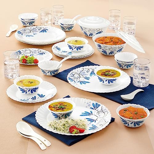 Larah By Borosil Twilight Silk Series Opalware Dinner Set with Glasses, 40 Pieces for Family of 6, Microwave & Dishwasher Safe, Bone-Ash Free, Crockery Set for Dining & Gifting, Plates & Bowls, White