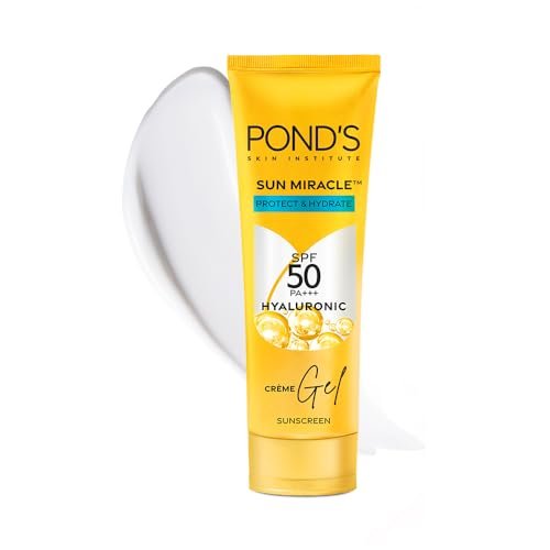 POND’S Sun Miracle SPF 50 PA+++ Crème Gel Sunscreen – Protect & Hydrate, With Hyaluronic Acid, Restores Skin Barrier, Lightweight, No White Cast 50g