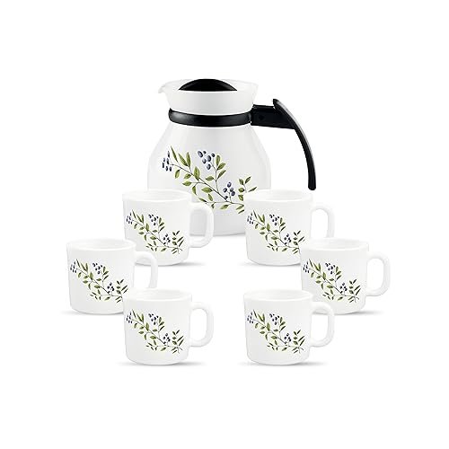 La Opala Novo Collection Opal Glass Crockery | Coffee Set 7 pcs | Coffee Mug with Coffee Pot, Lush Greens | for Tea & Coffee | Microwave Safe | 100% Vegetarian | Extra Strong | Light & White