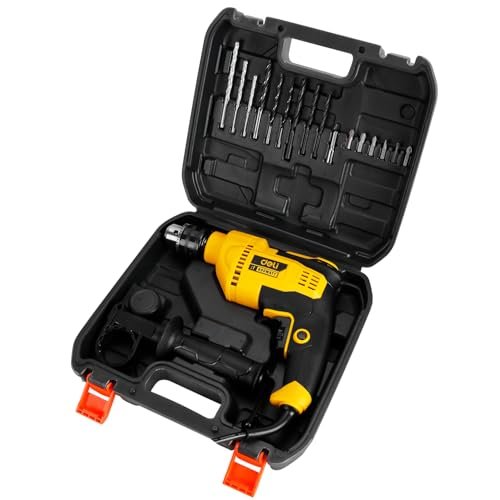 Deli EDC180 650W Corded Electric Impact Drill Tool Set with 9 Drill Bits 48000BPM Variable Speed Control 3000RPM 220-240v ~50hz/60hz Hammer Drilling Machine for Wood & Masonry (Set of 1, Yellow)