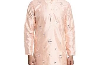 SOJANYA (Since 1958 Men’s Silk Blend Mirror Work Peach ONLY Long Kurta