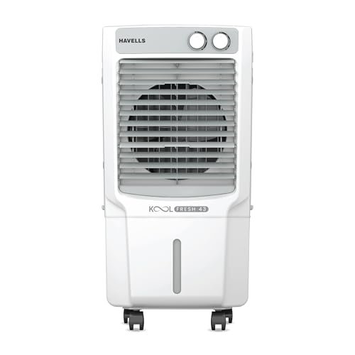 Havells KoolFresh 43 L Personal Air Cooler for Room|Powerful Air-Delivery|Dual Flow Technology|Fan & 3 Side Bacteria Shield Honeycomb Pads|Ice Chamber|Fully Collapsible Louvers|Front Wheel with Brakes