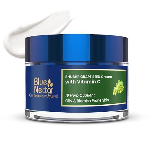 Blue Nectar Plant Based Vitamin C Face Moisturizer for Oily Acne Prone Skin with Grapeseed | Oil Free Lightweight Cream for Women (19 herbs, 50g)