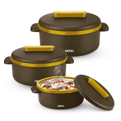 MILTON Micronova Jr. Gift Set Inner Stainless Steel Casserole, Set of 3 (380 ml, 775 ml, 1345 ml), Dark Brown, BPA Free, Food Grade, Hot and Cold, Microwaverable Steel, Dishwasher Safe, Chapati, Roti