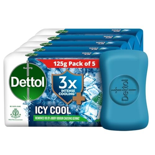 Dettol Icy Cool Bathing Soap Bar With 3x intense cooling (625gm), 125gm – Pack of 5