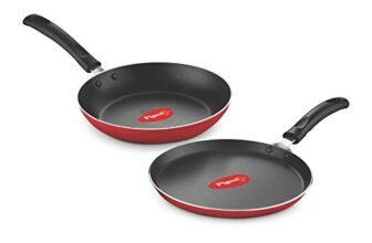 Pigeon Aluminium Nonstick Duo Pack Flat Tawa 250 and Fry Pan 200 Gift Set (Red)