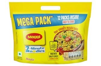 MAGGI 2-Minute Instant Noodles, Favourite Masala Taste, Masala Noodles With Goodness Of Iron, Made With Choicest Quality Spices, 840/900g Pouch (Pack of 12, 70/75g each) (weight may vary)