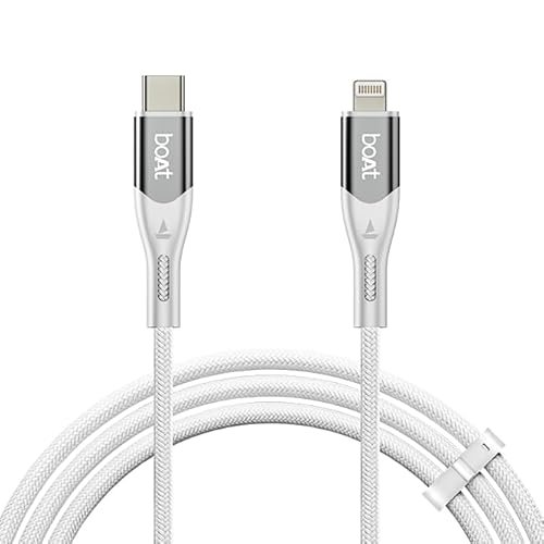 Boat Type C to Lighting Cable for 27W Fast Charging | 480 Mbps Data Transfer | 1.2 m (3.9 ft) Perfect Cable Length | Premium Nylon Braiding | Durable & Tangle-Free | with Silicon Tie (Arctic White)