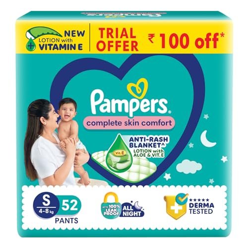 Pampers Complete Skin Comfort Pants, Anti-rash blanket, Lotion with Vitamin E & Aloe Vera, Small size baby diapers (SM) 52 Count, 4-8 kg