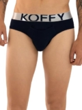 KOFFY Men’s Blue Depths Premium Cotton Lycra Brief with Minus Cutting Pouch| Silver Metallic Elastic| 4 Way Stretch| Wrinkle Free| Pack of 1 (Size: XX-Large)